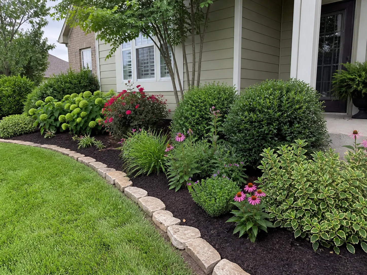 Refreshed front flower bed with dark mulch, hydrangeas, small flowers, and natural stone edging
