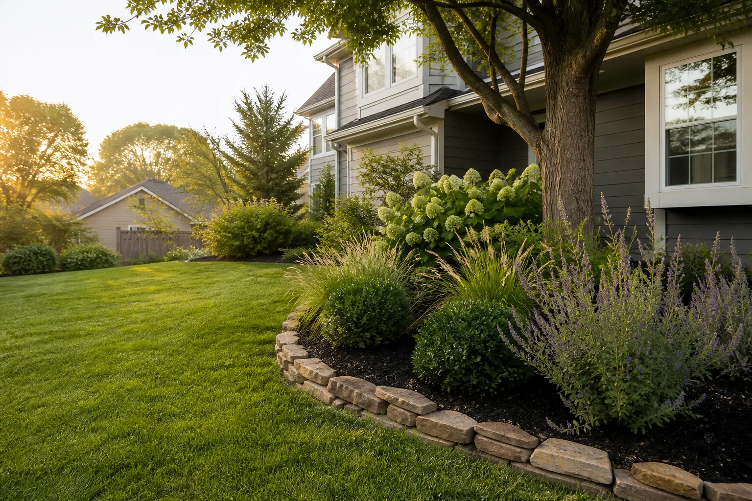 Curved stone-edged landscape bed with fresh mulch and ornamental grasses beside a green suburban lawn