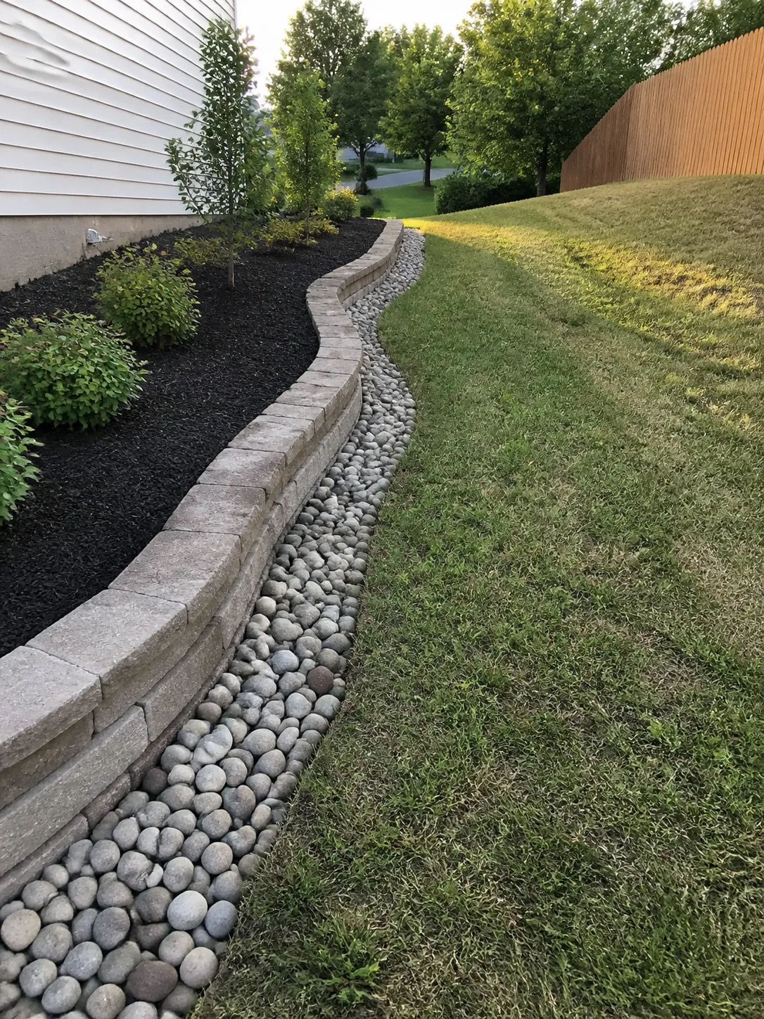 Small curved block retaining wall beside river rock and a mulched planting bed in a suburban side yard